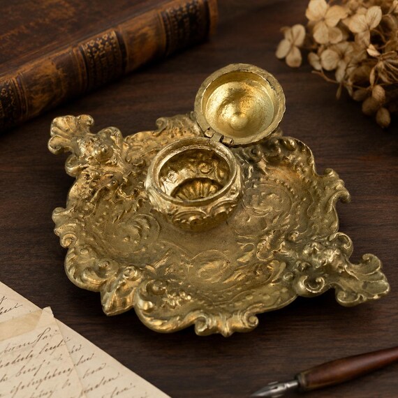 Antique Victorian Rococo Revival Brass Inkwell Ornate Desk Ink Stand 10 Inch