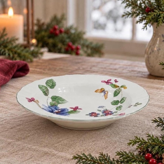 Vintage Mikasa Heirloom Rim Soup Bowl, Floral Butterfly Stoneware Dinnerware (9.25 Inch)