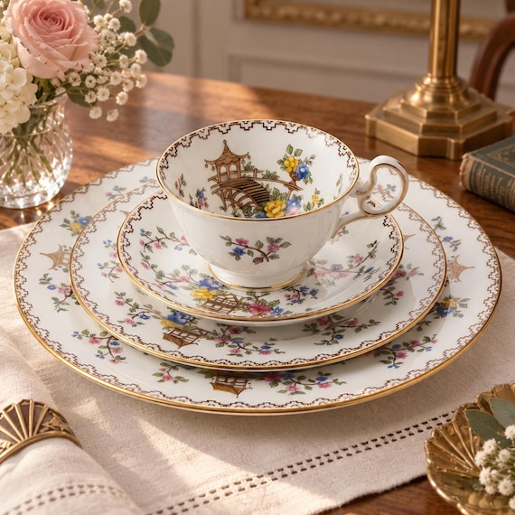 Antique Aynsley Pagoda Bone China 5 Piece Place Setting Art Deco England 1922