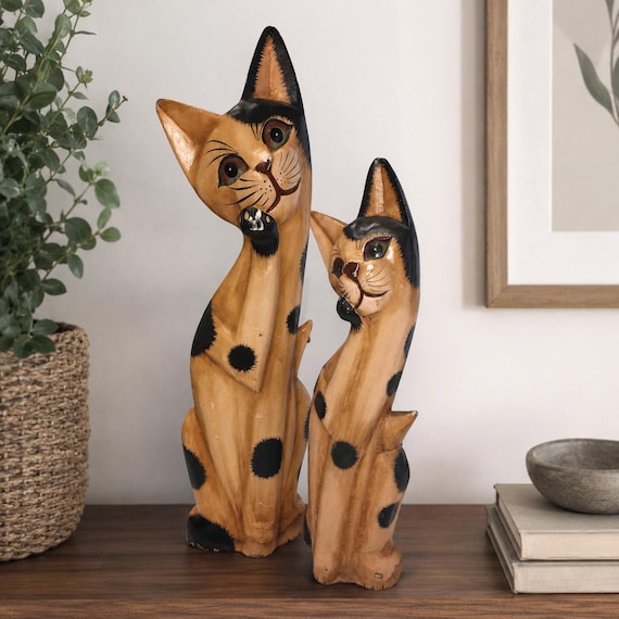 Vintage Hand Carved Wooden Cat Sculptures Pair Rustic Boho Decor