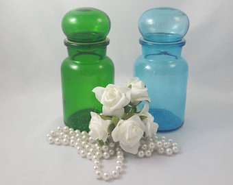 Green Glass Apothecary Jar, Vintage Mid Century Glass Container Storage