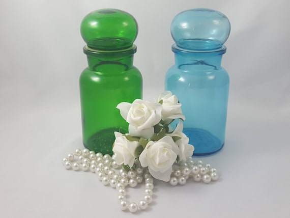Green Glass Apothecary Jar, Vintage Mid Century Glass Container Storage