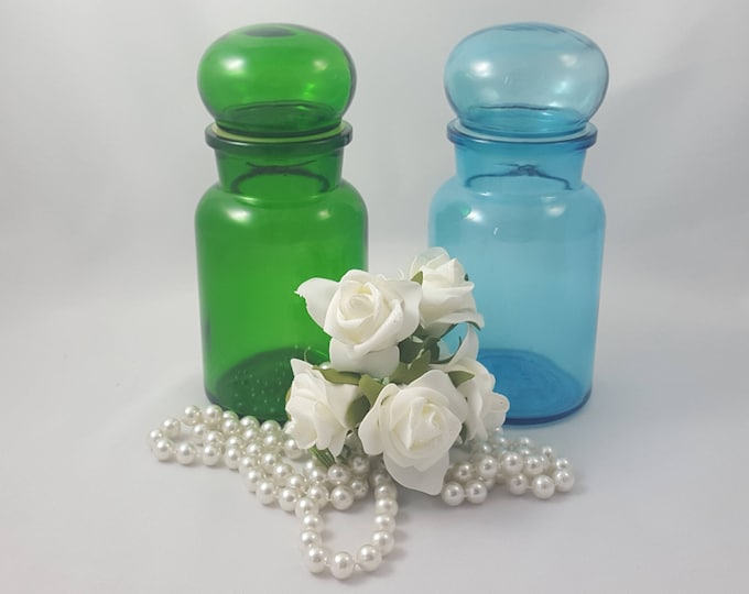 Green Glass Apothecary Jar, Vintage Mid Century Glass Container Storage