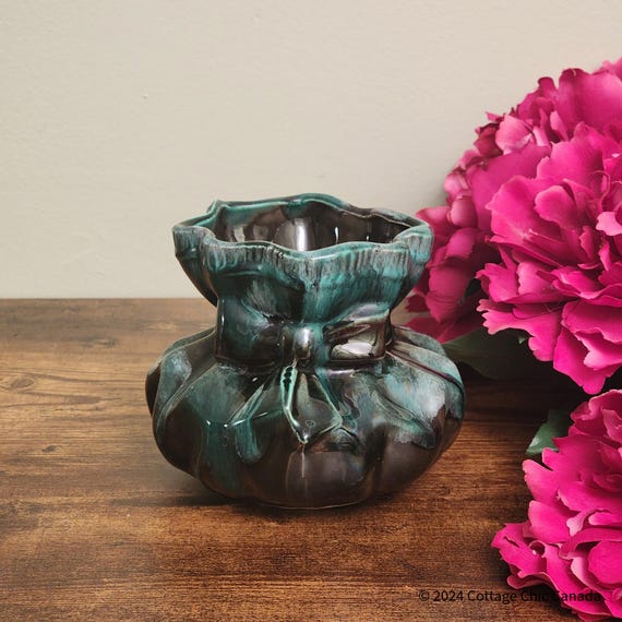 Mid-Century Drip Glaze Pouch Vase – Green Brown Ceramic Planter, Retro Studio Pottery