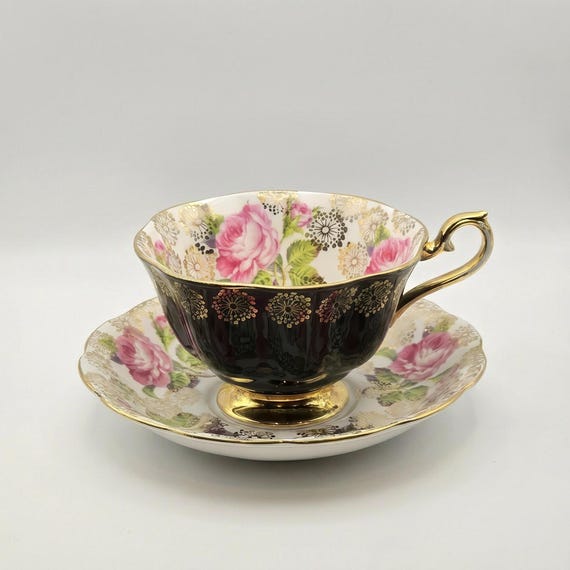 Royal Albert Black Rose Teacup and Saucer – 1950s Mid Century England