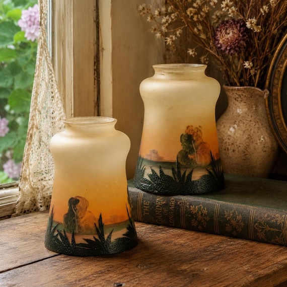 Antique Czech Frosted Glass Lamp Shades Hand Painted Coastal Sunset Scene Pair