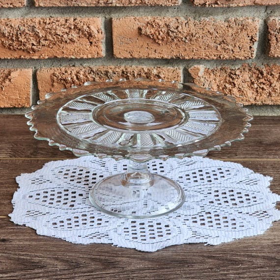 Antique EAPG Glass Pedestal Cake Stand, Diamond & Rib Pattern, 10 Inch, Victorian Table Decor