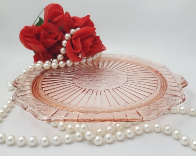 Hocking Glass Pretty Mayfair Rose Pink Cake Plate Sandwich Tray