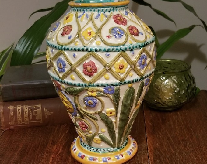 Hand-Painted Italian Majolica Pottery Vase – 12" Tall, Raised Relief Floral Design, Signed Italy