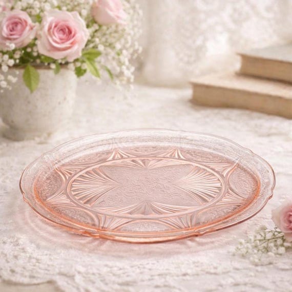 Hazel Atlas Royal Lace Pink Platter, Depression Glass Serving Tray, 1930s Art Deco USA