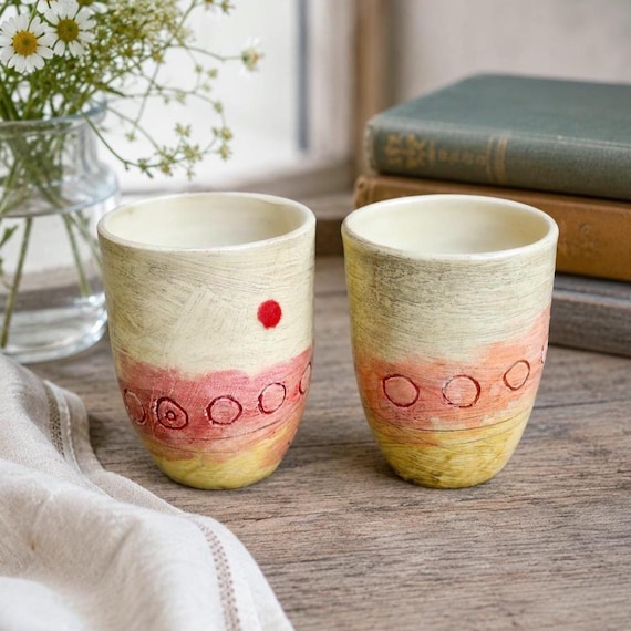 Vintage Studio Pottery Mugs Pair Handcrafted Stoneware Coffee Cups