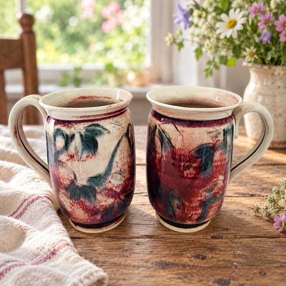 Large Handmade Stoneware Coffee Mugs, Earth Tones Reactive Glaze, Studio Pottery, Set of 2