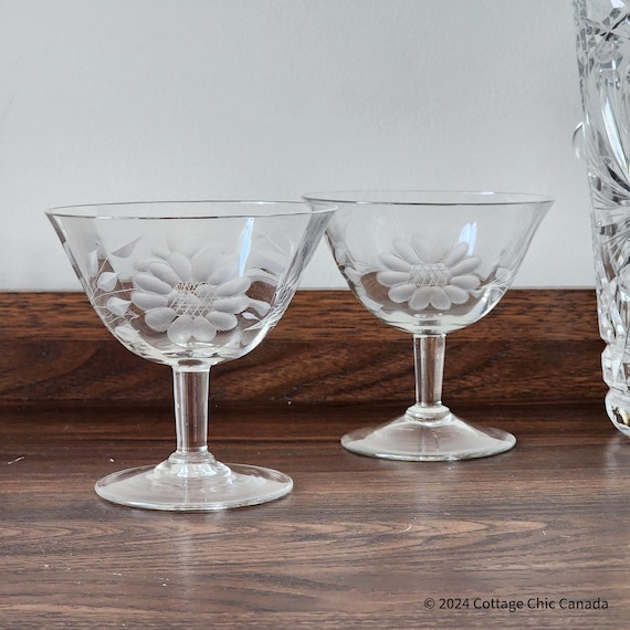 Hughes Cornflower Champagne Sherbet Glasses Pair – Vintage Etched Crystal Stemware Canada