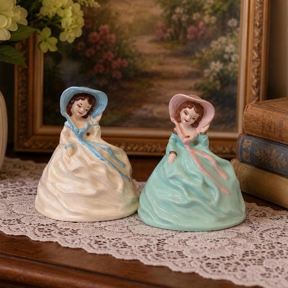 Vintage Mid Century Kitsch Porcelain Lady Figurines Pair Pastel Victorian Style Women Decor Figures
