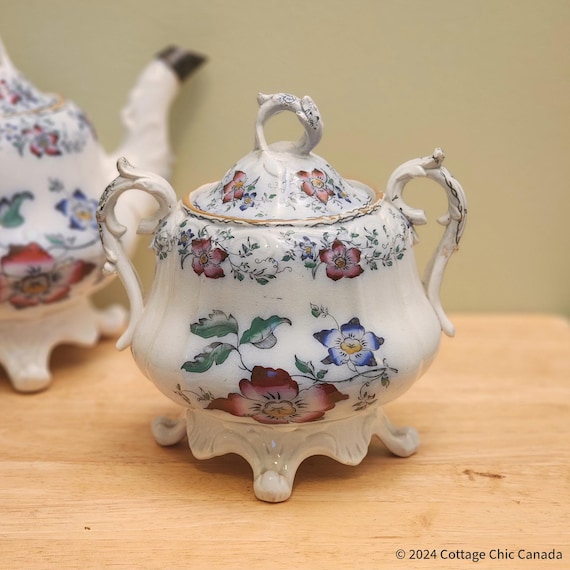 Antique Victorian Hand Painted China Sugar Bowl from the 19 Century, circa 1840's