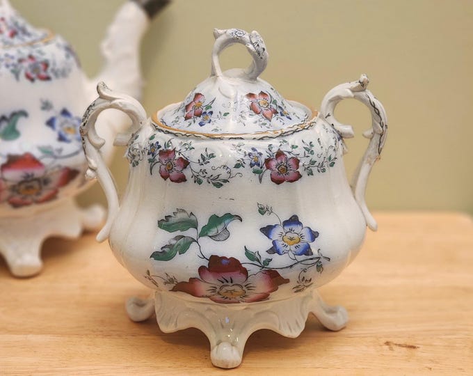Antique Victorian Hand Painted China Sugar Bowl from the 19 Century, circa 1840's