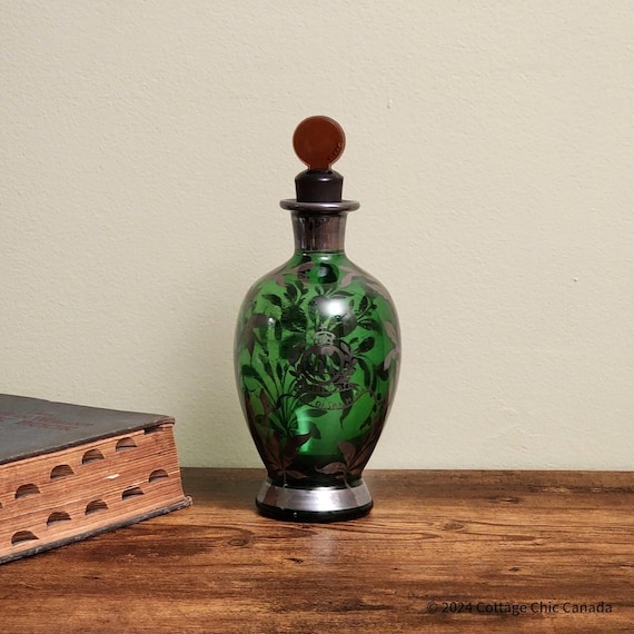 Art Nouveau Murano Green Glass Decanter | Silver Overlay | San Marino Crest