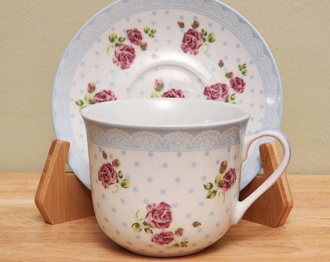 Kent Pottery England Floral Teacup & Saucer – Vintage Shabby Chic China with Pink Roses, Blue Polka Dots and Lace