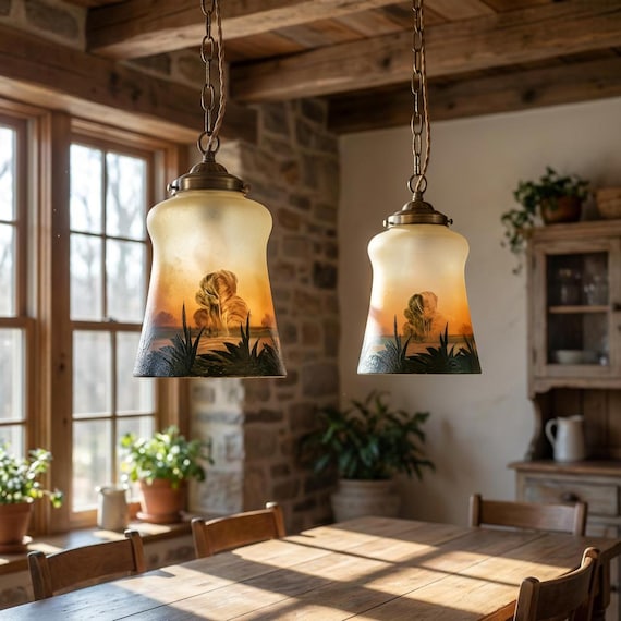 Art Nouveau Style Ombre Glass Lampshades Pair – Painted Sunset Landscape