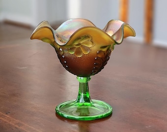Antique Northwood Daisy and Green Plume Carnival Glass Compote Bowl