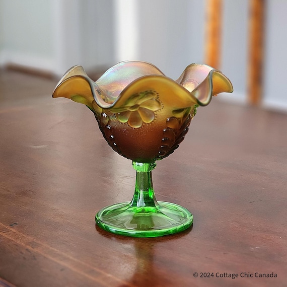 Antique Northwood Carnival Glass Compote Bowl – Daisy and Plume Green Iridescent USA