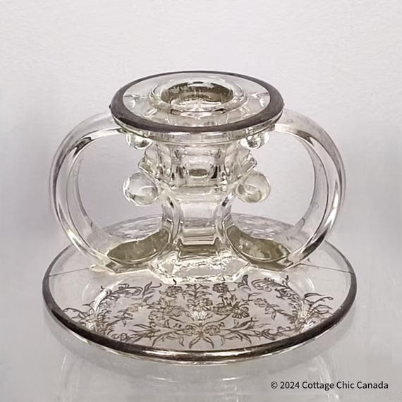 Art Deco Tiffin Glass Candleholder: 1930s Silver Overlay Crystal