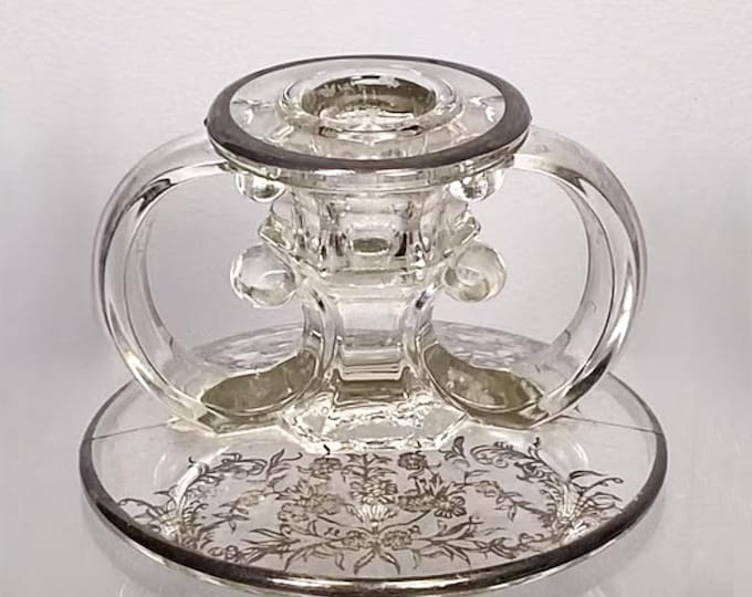 Tiffin Glass Art Deco Candleholder – Vintage 1930s Crystal with Silver Overlay and Trim for Weddings or Holidays