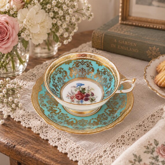 Vintage Paragon Double Warrant Turquoise Gold Teacup Saucer England Bone China 1939–1952