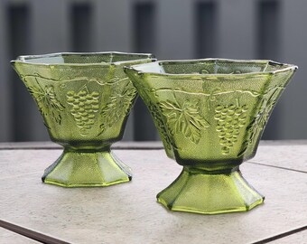 Anchor Hocking Vintage Green Avocado Glass Candy Dish Bowl Vase with Mid Century Grape and Leaf Design, Set of 2