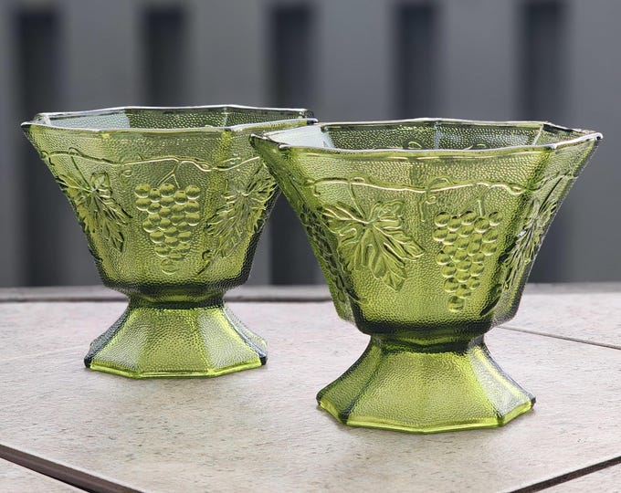 Anchor Hocking Vintage Green Avocado Glass Candy Dish Bowl Vase with Mid Century Grape and Leaf Design, Set of 2