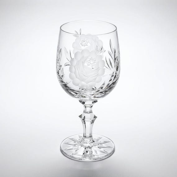 Vintage Beyer Crystal Wine Glass, Grey Cut Rose Goblet, Czechoslovakia