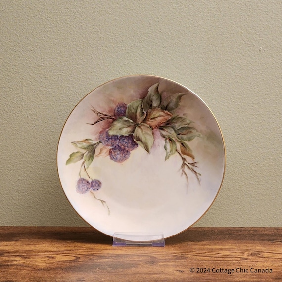Vintage Hand-Painted Porcelain Plate – Signed P. Stiver, Black Currant Fruit on Vine