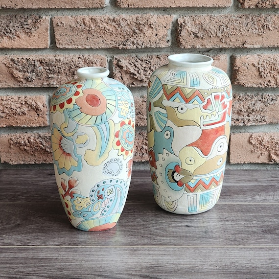 Vintage Southwest Abstract Pottery Vases, Set of 2