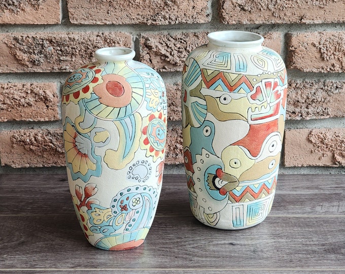Vintage Southwest Abstract Pottery Vases, Set of 2