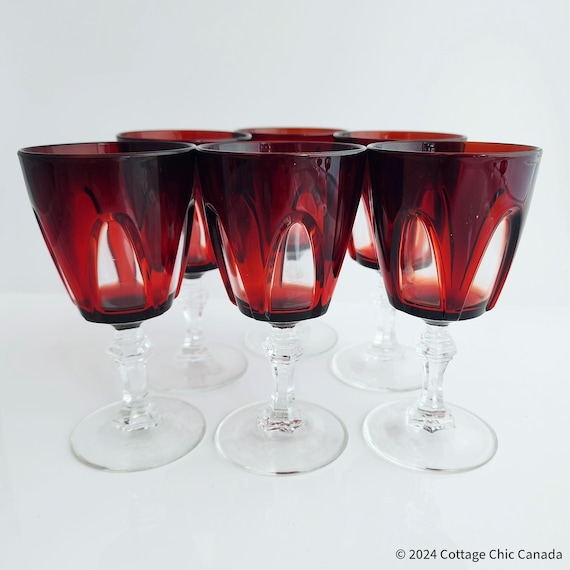 Cristal D’Arques Ruby Gothic Wine Glasses – Set of 6 Mid Century Barware France