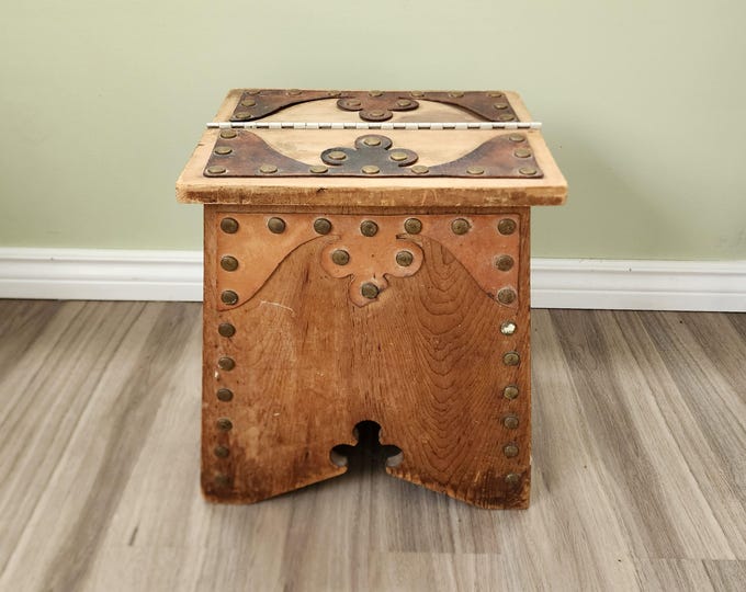 Antique Arts & Crafts Wood Cobbler's Shoe Shine Repair Box with Hinged Lid, Decorative Stool