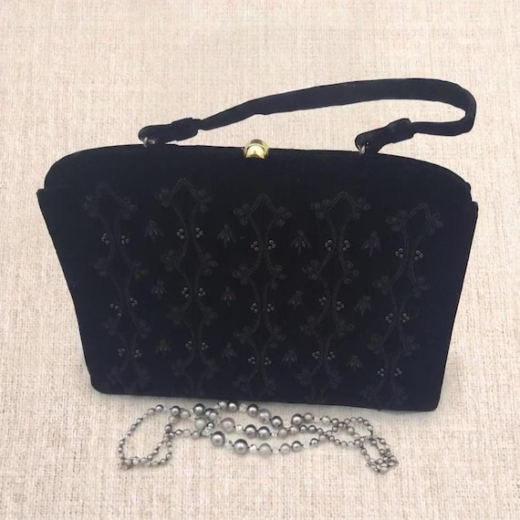 1950s Designer Souré New York Beaded Velvet Evening Bag Mid Century Purse