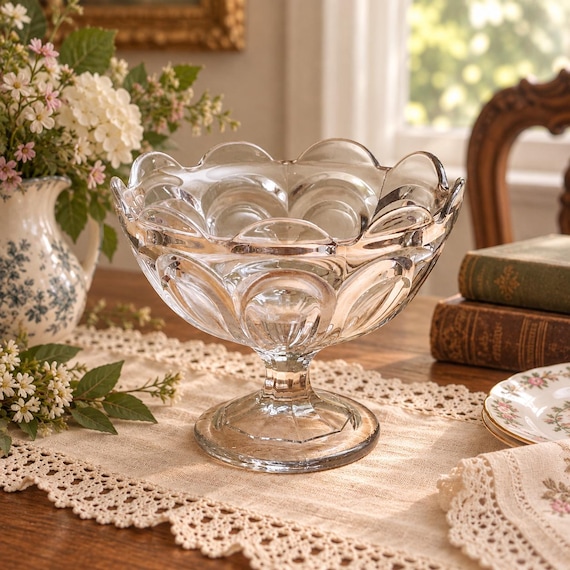 Antique EAPG Loop Design Pedestal Compote Bowl – Pressed Glass Centerpiece, c.1870s USA