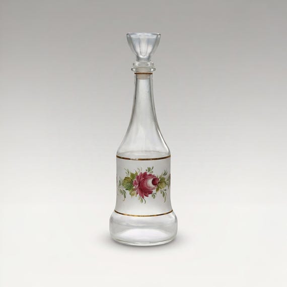 Vintage Italian Hand Painted Frosted Glass Decanter – Red Roses Gold Bands – Cristallerie Style