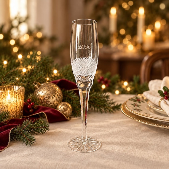 Waterford Lume Millennium Year 2000 Champagne Flute, Irish Lead Crystal, Single Glass, Base Chip