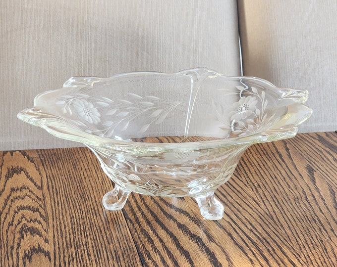 Hughes Cornflower Etched Glass Footed Bowl - Indiana Fleur de Lis #607, 11 1/2" Vintage