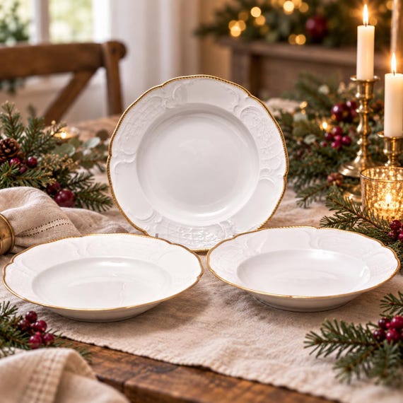 Rosenthal Sanssouci Michelle Soup Bowls, White Porcelain with Gold Trim, Germany (Set of 3)