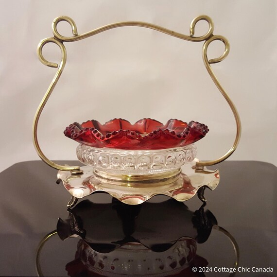 Antique Heisey Ruby Flash EAPG Bowl Punty Band Thumbprint EPNS Sheffield Basket