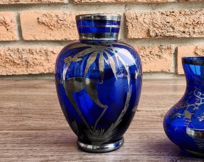 Italian Style Cobalt Blue Mini Vase with Silver Overlay – Palm Tree & Deer Motif