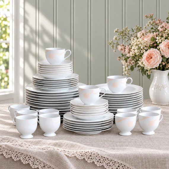 Vintage Mikasa Classic Flair Peach Dinnerware Set, 60 Pieces, Service for 12, Japanese Porcelain