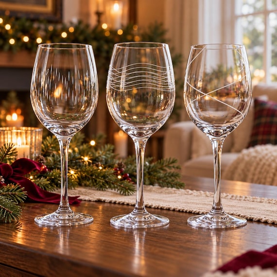 Vintage Etched Balloon Wine Glasses, Clear Dot Swirl Stemware (Set of 3)