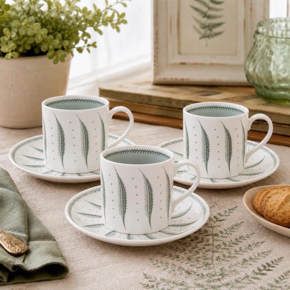 Susie Cooper Spiral Fern Set of 3 Espresso Coffee Cans Fine Bone China England