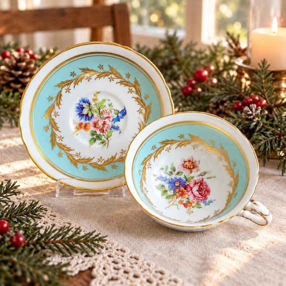 Vintage Paragon Aqua Green Floral Teacup and Saucer, English Bone China with Gold Vines