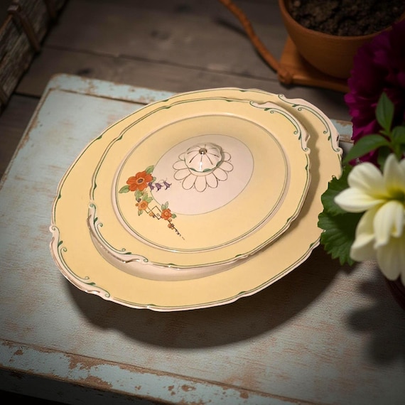Staffordshire Floral Covered Vegetable Bowl and Platter – Vintage Art Deco Pottery England