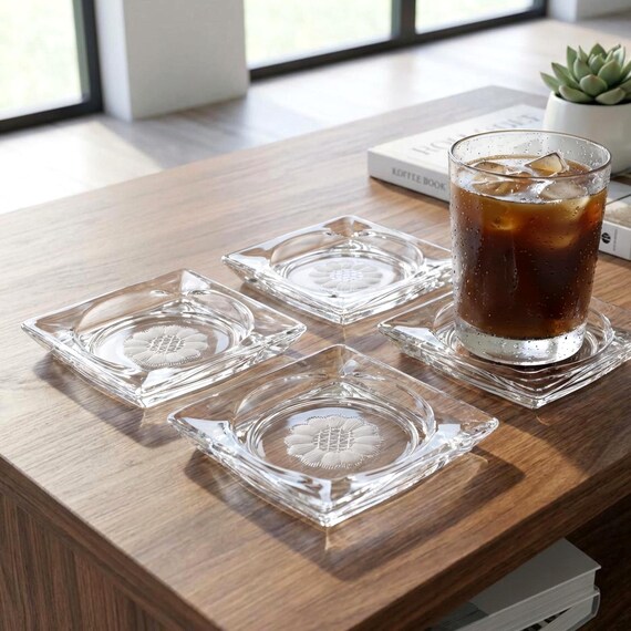 Hughes Cornflower Square Glass Ashtrays – Etched Barware Set of 4 Canada